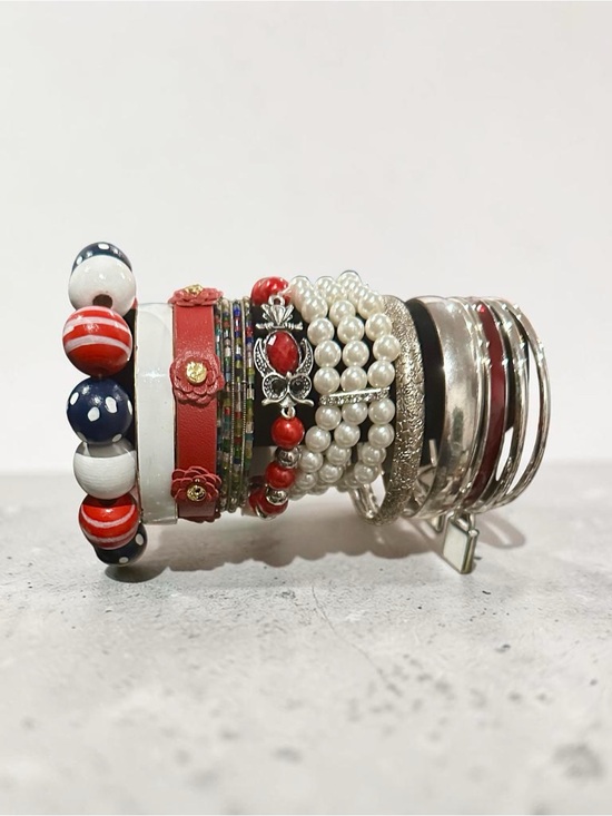 Signature Faith Jewelry - Patriotic Red White Blue Beaded Bracelet Stack Silver Bangle Pearl Set